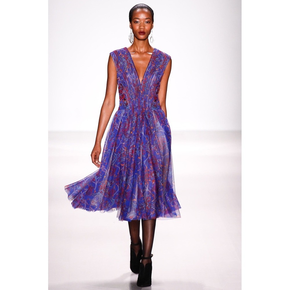 Tadashi Shoji Blue Floral Mesh Beaded V-Neck Cocktail Dress Size 10